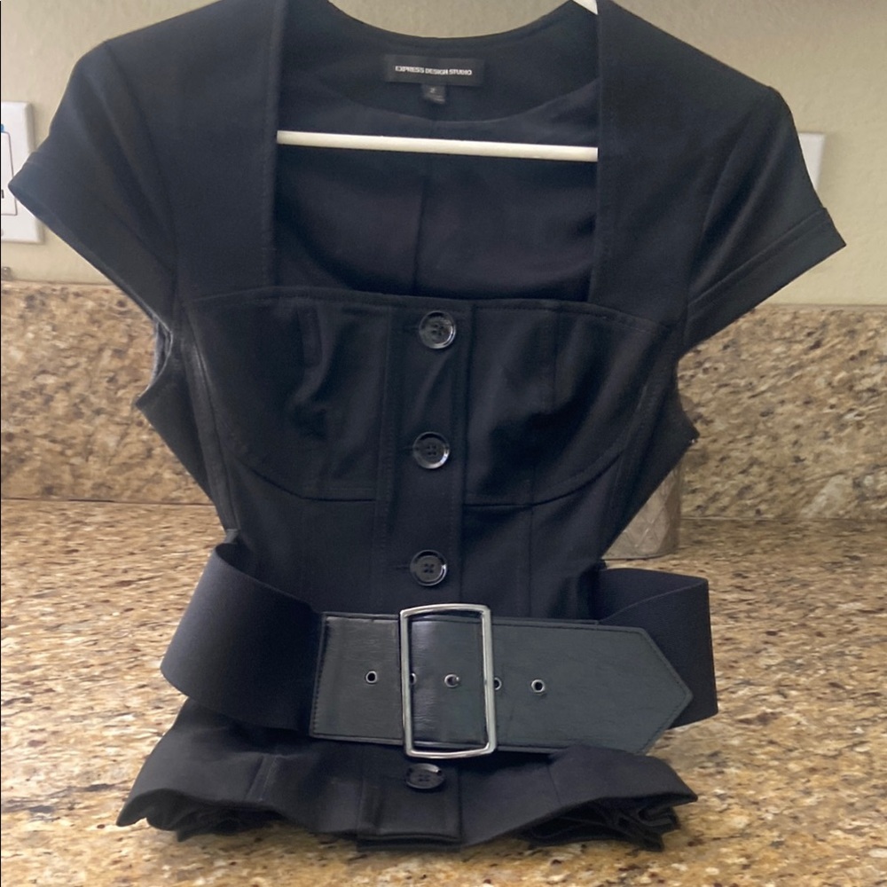 Black Button-Up Top with Belt